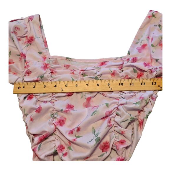 Coquette Womens Top Small Pink Floral Puff Sleeves Ruched Cottagecore Feminine - Picture 6 of 9